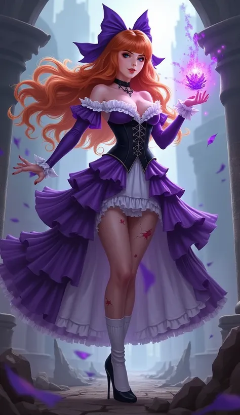 A full body view of Ms. Violet Guinevere from Mobile Legends. She has long orange hair styled in intricate waves, adorned with a big purple hair bow on the back of her hair. She wears a frilly, layered gothic lolita dress in shades of purple, with a black ...