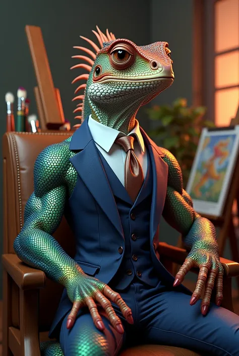 A colorful muscular lizard wearing a suit and glasses, sitting in a studio.






