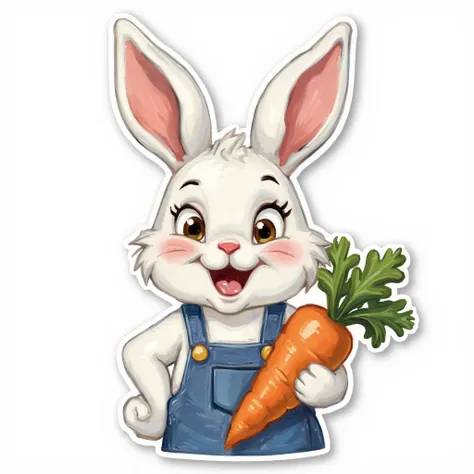 1. The central object is a cartoon-style rabbit character with exaggerated facial expressions.
2. The rabbit is white with red ears and a visible tongue sticking out.
3. The rabbit is holding a bright orange carrot with green leaves.
4. The character wears...