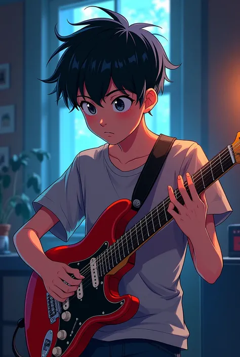 Create an image of a teenager playing an electric guitar. He is Distracted . anime version.