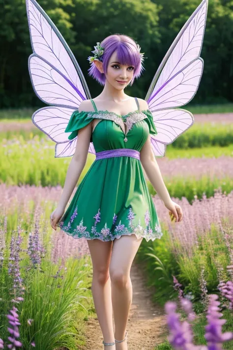 super high image, super detail, super high resolution, professional lighting, Elf ears, pixie hair color purple, wearing green mini dress and fairy wings, setting field of flowers by babbling brook