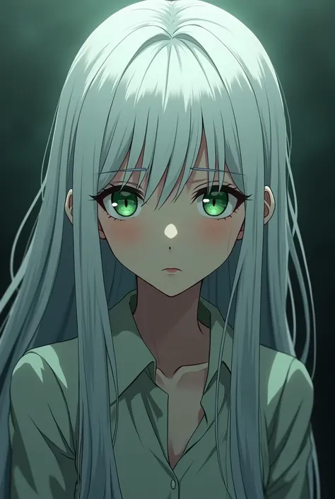 anime, white haired woman, Green eyes gloomy look 