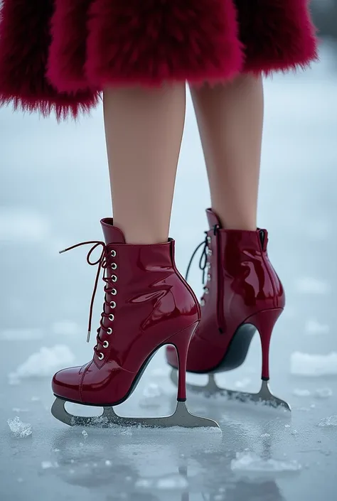 Woman’s feet in burgundy high heel ice skates 