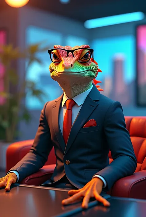 A colorful muscular lizard wearing a suit and glasses, sitting in the studio as a TV host.