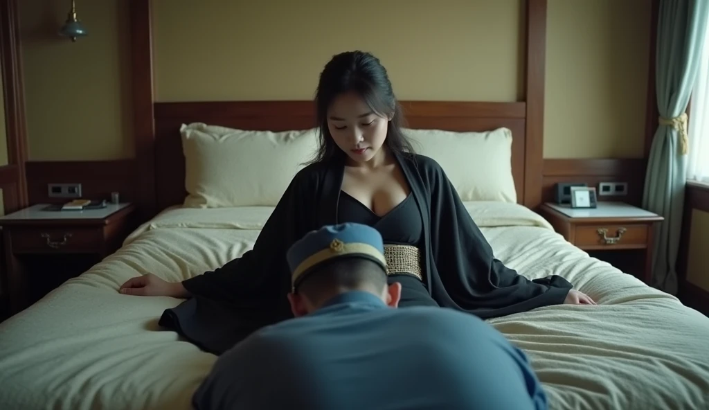 Ultra Wide, a beautiful Japanese girl, wearing a black open-chested kimono, is lying on the bed, at the end of the bed is a man in a blue military uniform, wearing a military cap, crawling on all fours, towards the Japanese girl, scene in a room, daytime, ...