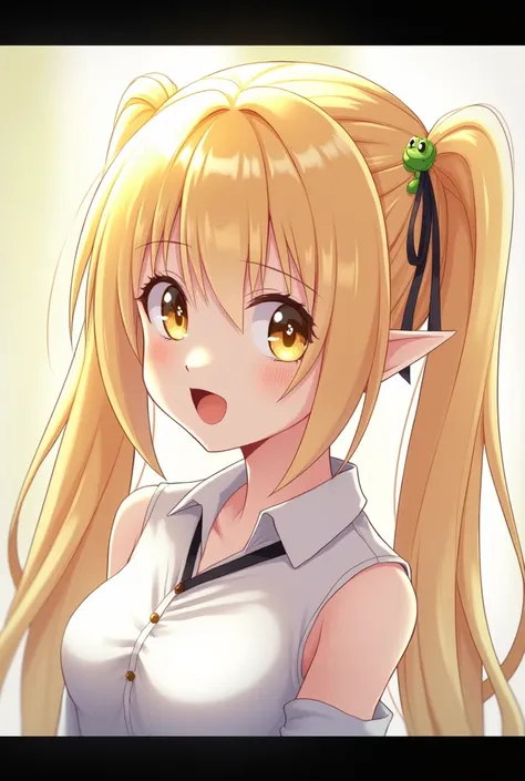 Best Quality, 1girl, Masterpiece, Retina, High Quality, Blonde Hair, Twintails, Very Long Hair, Breasts, Pointy Ears, Smile, Open Mouth, Tears, Symbol-Shaped Pupils, Letterboxed, Blurry Foreground, Reference Sheet, Afterimage, Hair Ornament, Ribbon, Frog H...