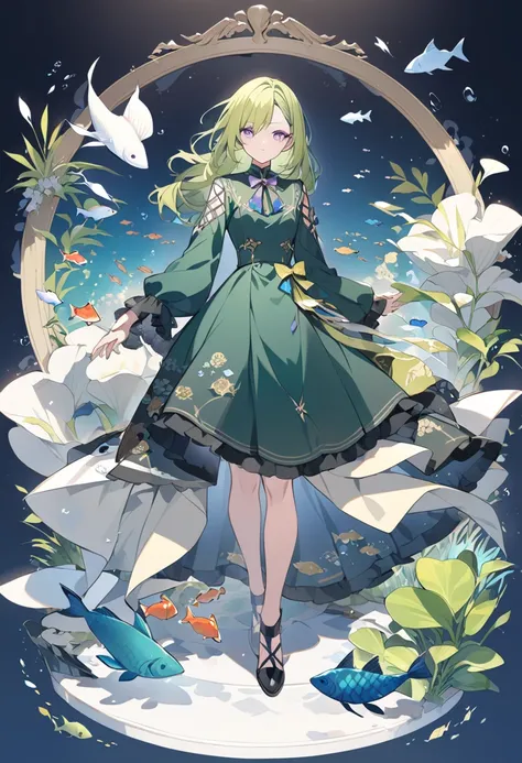 dark green yellow hair， Purple Eyes，whole body，male，Dress，Side Bangs，fish