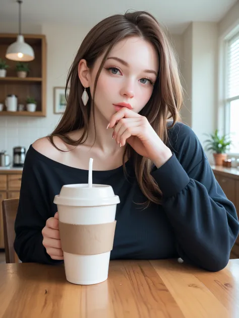 A close-up photo of a beautiful woman with massive cleavage drinking coffee