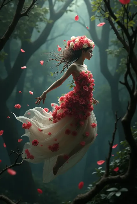 A dryad whose body is made of red and white roses ,  she is floating in a dark forest and leaving flower trails behind 