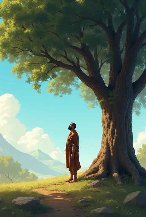 Abraham is alone near a tree in daylight and is looking up at the sky