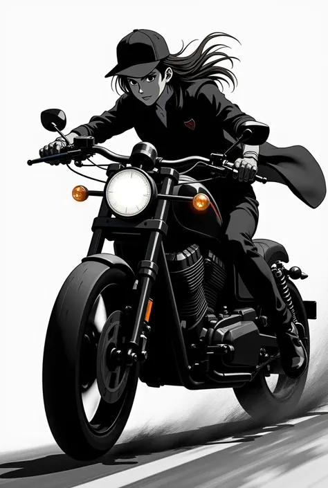 Anime on a high-cylinder motorcycle with a cap and with a black and white background 