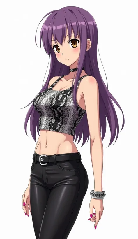 Japanese anime teenage woman with long purple hair and brown eyes and pink nails and wearing a tight tank top with snakeskin print in shades of black and white. She wears black leather pants and a belt with a buckle that has the initials  "ck".  She also w...