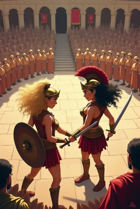 two girls,  one with blond hair and the other with curly and black hair , The two in a Spartan arena ,  dueling with several people and colored flags surrounding the arena ,   both holding swords and dressed in armor Spartans without helmets,  with two kin...