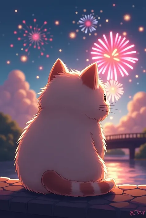 Fluffy fat cat Chibi with his back to the camera looking at fireworks on a bridge 