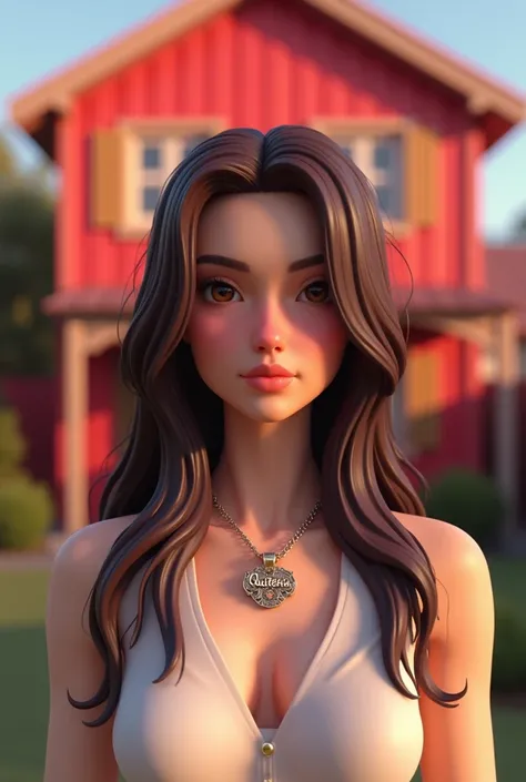 3D Pixer I want I want a half-brunette woman with very smooth long hair in front of a red house with a necklace with the name Quitéria 