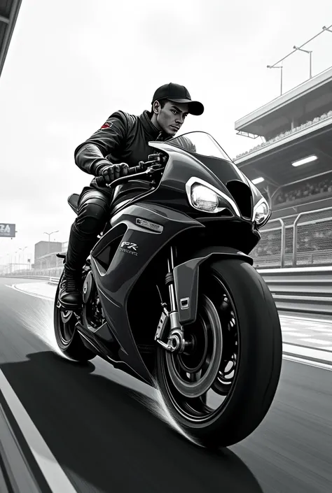 Anime man on track motorcycle with cap and black and white background 