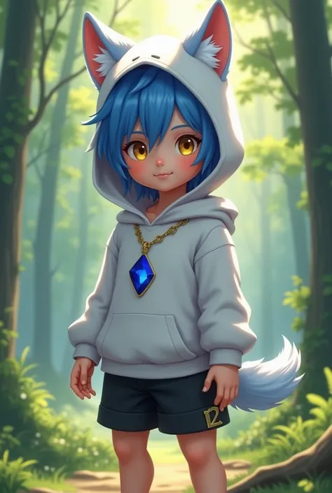 Create Kingdom Hearts style a beautiful baby boy with medium blue hair with yellow eyes wearing a sapphire blue pendant around his neck wearing a white wolf costume with a hoodie with white wolf ears on his head wearing black shorts with strong legs in a b...