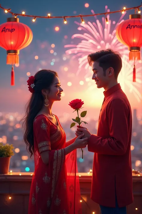 Create a realistic image of a New year celebration on a rooftop, where girl give rose to boy. In the background, feature a beautifully fire crackers in sky. Include ‘Happy New Year ANUP’ along with ‘ANUP’ and ‘ANNU’ in the festive decorations. The scene sh...