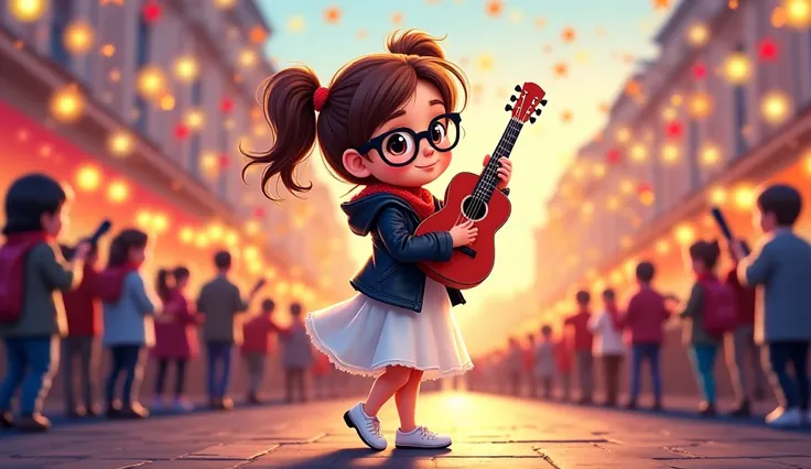 Create a vibrant and joyful illustration capturing the essence of a New Year celebration in the street.A little  happy girl( wearing white skirt,black leather jacket,two pony tail hair,big curious eyes,black glasses,dimple on cheeks,white shoes)is giving c...