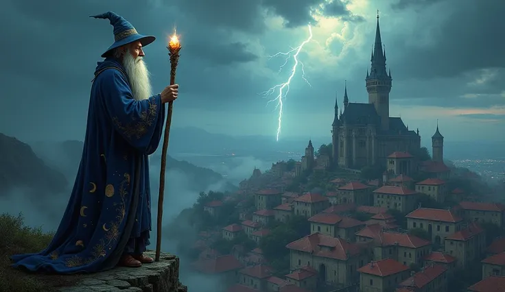 A stunning 8k digital painting depicting an old wizard with a long white beard standing atop a towering stone tower. He wears a dark blue robe embroidered with moons and stars. In his hand he holds a wooden staff with a glowing crystal at the tip. Below is...