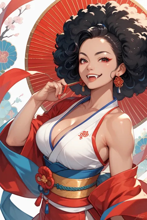 1girl, Afro Asian Chinese European American woman, Blue eyes, Black Hair, Jewelry, Large breasts, Earrings, Smile, Red Eyes, Anime Style, Samurai, Casual, gorgeous, Sexy Fangs, Queen