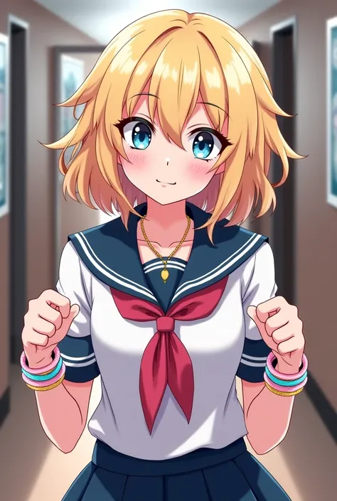  Boku no Hero Academia Template,  18 year old girl ,  medium-short and wavy blonde hair with pink reflections,  light blue eyes , seductive aura,  Seductive Eyes , cute smile, She wears a school uniform ,  she has 2 gold rings on each hand ,  a gold neckla...