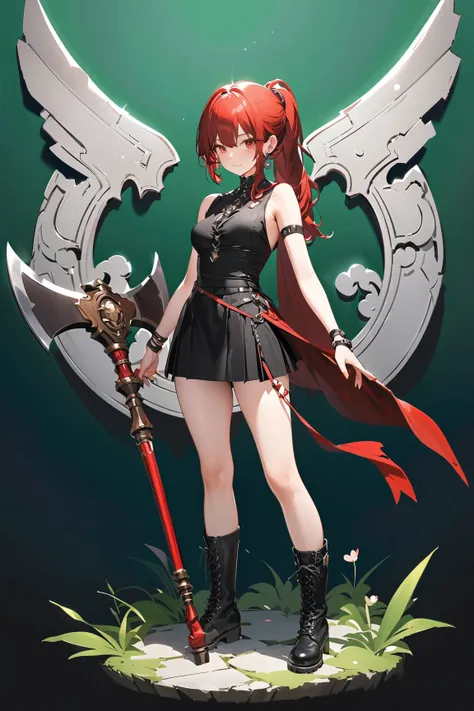 (green background:1.3), No wind, character sprite, wide shot, Break 
1 girl, (cute face), slender, Curious Look, light smile, , (petite), 150 cm tall, petite, Standing, full body, Red medium hair,  ponytail, red eyes, (medium breasts:0.7), slim, black mili...