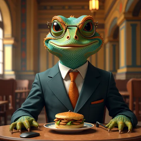 A colorful muscular lizard wearing a suit and glasses, sitting in a traditional Egyptian coffee shop with a sandwich of falafel and fava beans beside it, and a microphone in front of it.