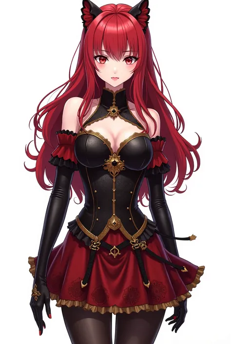  Anime character design , (( Full body )) (vista frontal) con una pequeña armadura que se acopla a la falda, el vestido tiene patrones góticos de cuero de color rojo y negro

 girl with girl long and smooth crimson ,  with slightly wavy tufts at the tips ....