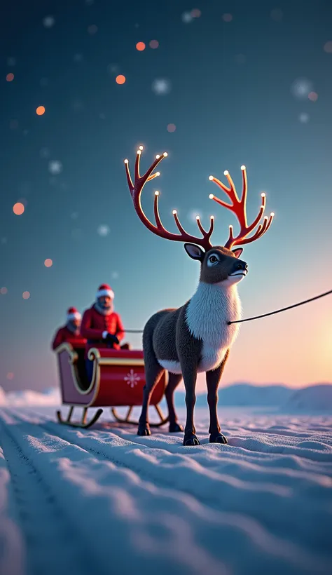 ((masterpiece, highest quality, Highest image quality, High resolution, photorealistic, Raw photo, Extremely detailed CG unified 8k wallpaper)), Reindeer pulling a sleigh drawn by a drone in the night sky,