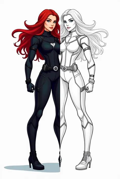 
Generate an image with a colored illustration of a clever Black Widow doing a superhero pose on the left side, and the same illustration in a black-and-white outline on the right side. Include long flowing hair, a detailed suit, and a determined expressio...