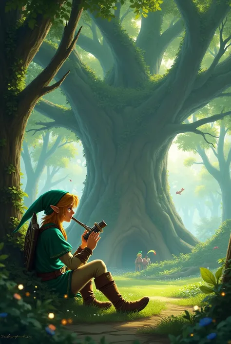 Mature Link aged 24-30 from Legend of Zelda sitting playing an ocarina next to the great Deku Tree; the backdrop a beautiful enchanted forest 