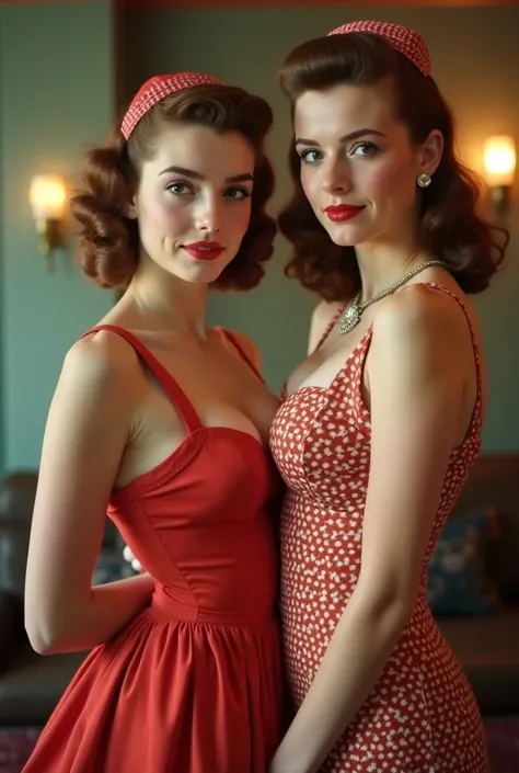 ((Seriously Victoria in the U.S.1950s Lesbian Girls Retro Dreams:1.52)), (((2 Girls))), (Low teenager), ((11yo)), (Sexually attractive Fashion), (Wearing Erotic See−thought costume:1.4), Looking at viewers, Natural Smile, 1950s gorgeous hair style, Huge br...