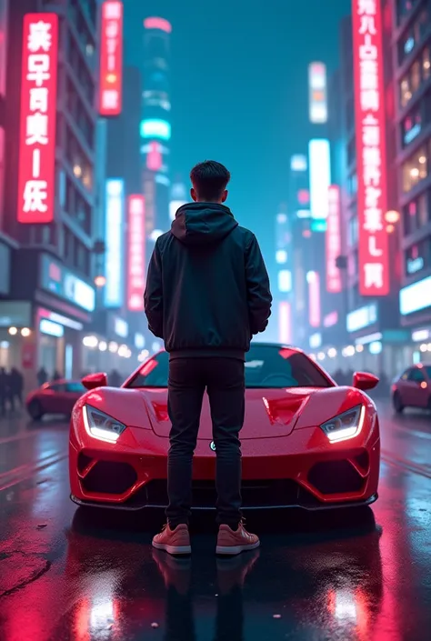  masterpiece,  best quality,  super detailed,  High Definition, HDR-10,  Science Fiction Fantasy ,  depth , fine texture,  Full concentration ,  A young man in a futuristic city in front of a sports car , shiny sports car through a vibrant ,  neon-lit cybe...