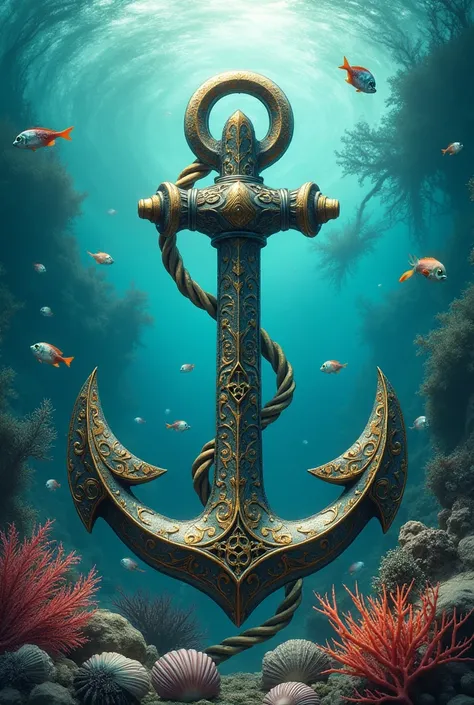 An anchor with marine elements around it