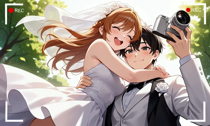 (masterpiece, top quality :1.2),Black and white picture 、 couple ,(Bride and Groom),（white dress with a slightly old design）、（ white tuxedo）、(the girl hugs the boy),( Strong hug ),( big smile, cheerful and playful ),they are looking the camera,(focus on fa...