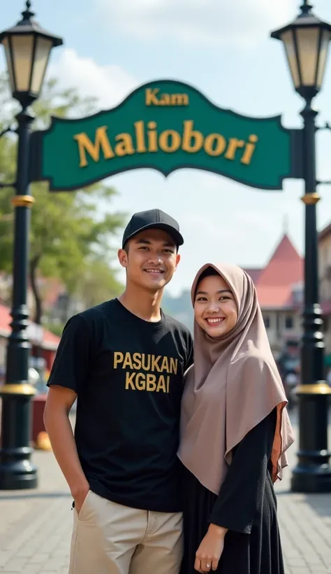 A young man from Indonesia,wearing a black baseball cap And A hijab beautiful young woman from Malay. They are standing in front of a pedestarian in Yogyakarta with a town square with a the green city nameplate says Kam "Malioboro".Aesthetic antique city d...