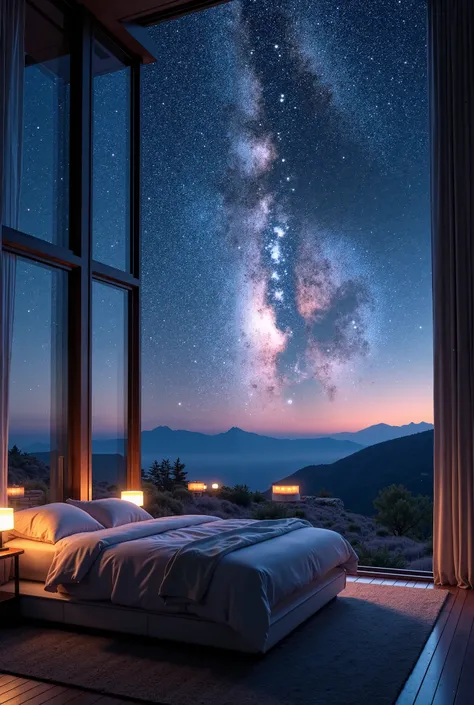 A beautiful bedroom I the open night sky with Milky way galaxy 