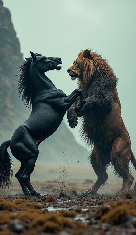 Epic battle scene, a black horse and a lion mid-action in a fierce clash, the lion leaping with claws extended toward the rearing black horse, while a towering bear charges ferociously into the fray. The setting is an open, stormy field with jagged cliffs ...