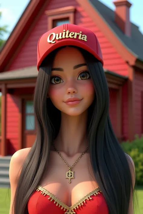 3D Pixer I want I want a half-brunette woman with very smooth long hair in front of a red house with a necklace with the name Quitéria a cap with the name Quitéria 