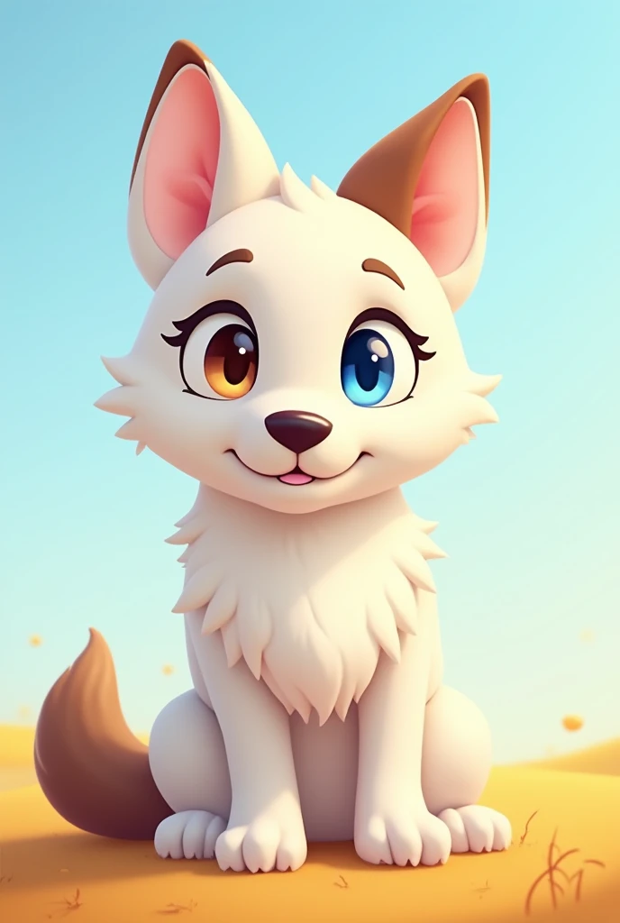  A cartoon of a white wolf dog with a brown ear, with one blue eye and the other brown 