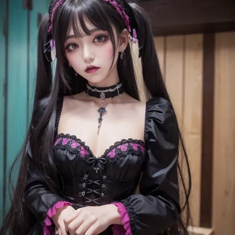  1 girl,  high res, chest, solo,  long hair,  colorful hair , eyeshadow dark blush 、 choker 、 Gothic Lolita