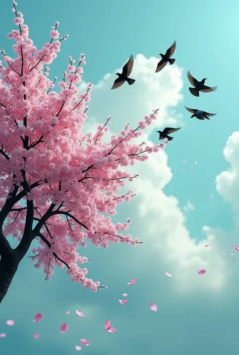 ledgo, A flock of flying birds emerging from a cherry tree, silhouette of the tree and birds in black wide shot:1.3, pink cherry blossoms, cyan background with white clouds, minimalist, beautiful, highly detailed, intricate, cinematic lighting, photorealis...