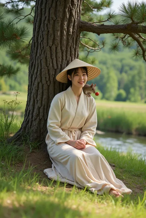  portrait of a korea, 20 yo,  wearing long cozzy clothes , folding skirt  , and a wide hat on his head ,  radiant face, sitting under a pine tree ,  a squirrel holding a pine fruit perched on the womans shoulder,  natural photography , 