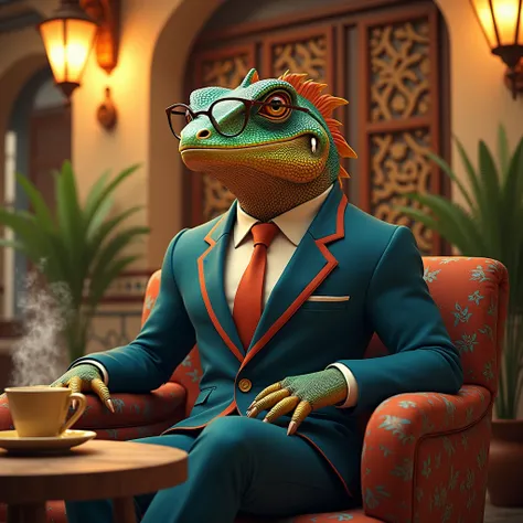 A colorful lizard with massive muscles, wearing a suit and glasses, sitting in a studio designed like a traditional Egyptian coffee shop, with a cup of tea in front of it.






