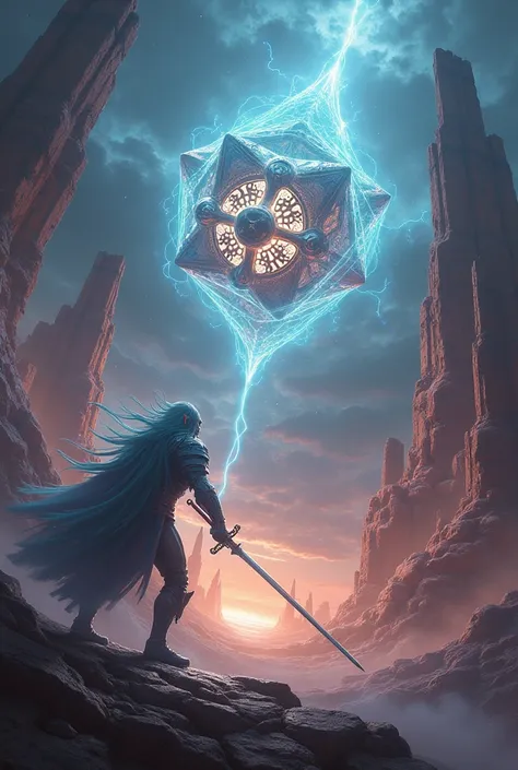 an icosahedron fighting a tesseract using a sword