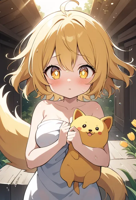  asian girl， unique ， Yellow Hair ，Short hair，  yellow pupils  ，bath towel，包着bath towel，Hair dripping ，Wet hair，blushing，yellow dog ears， Droopy Ears ， yellow plush ears ，  the sun is shining ，yellow dog tail，Animation Style，Animal ears,  Animal Ear Patter...