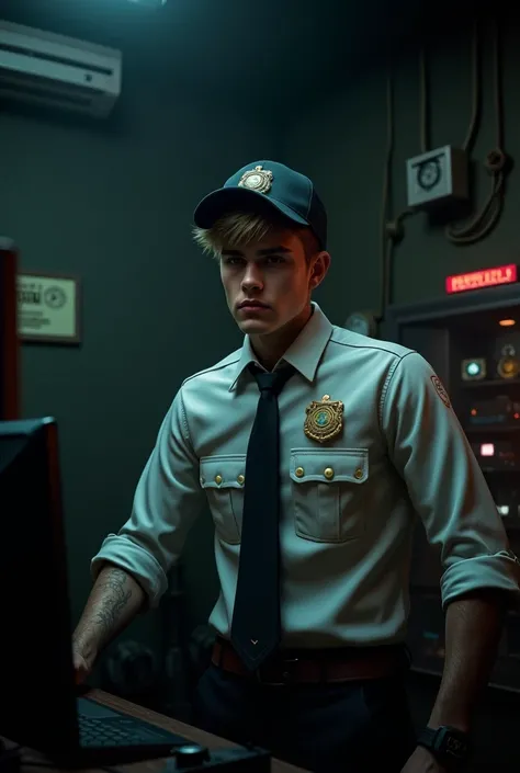 Create a realistic 3D image of Justin Bieber as a security guard from Five Nights at Freddys 