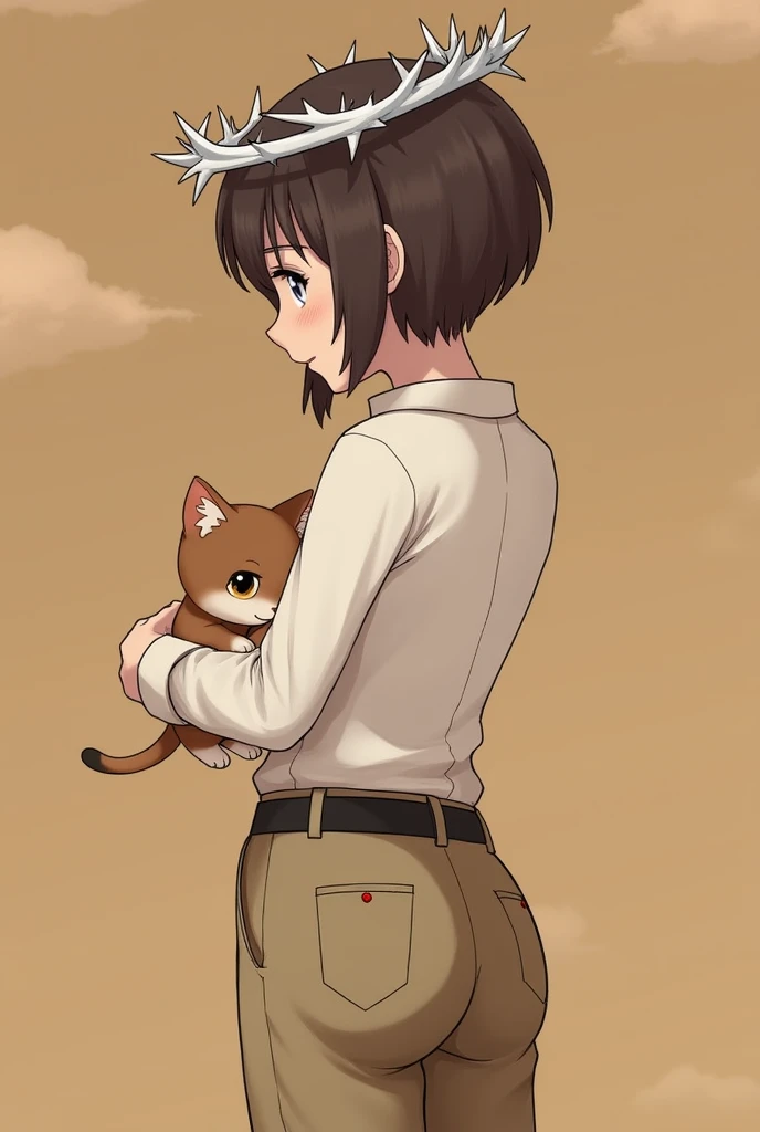 The image shows Maxine Caulfield from Life Is Strange, wearing a white crown of thorns, wearing a white shirt tucked in with a black belt, a pair of beige carpenter-style trousers, She is facing away while holding a baby kitten, The background is brown wit...