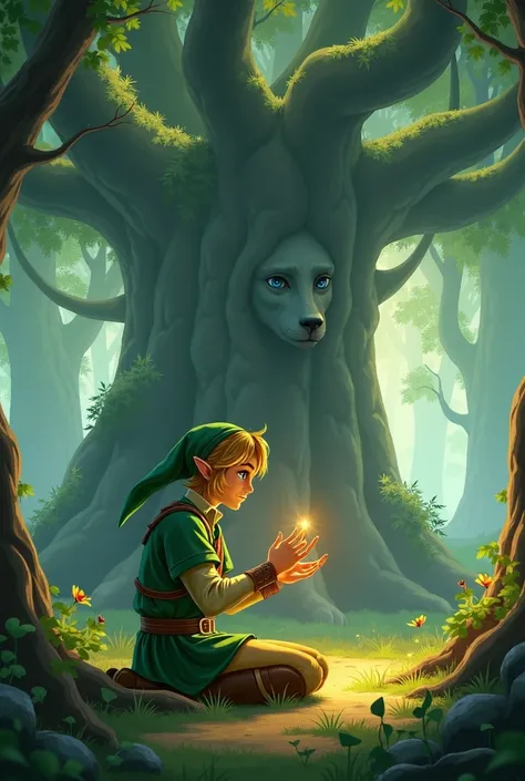 Link from Legend of Zelda sitting and talking to a girl with long black hair, tan brown skin and black eyes.  the backdrop is an enchanted forest with Navi fairies 